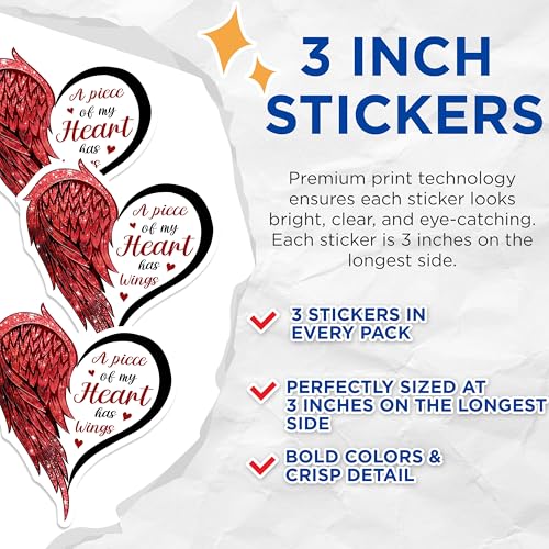 (3 Pack) Heart Wing Decals - Memorial Remembrance - Laptop Car Decals - 3 Inches On Longest Side - Easy Peel & Apply - Made in USA - 3MCS4889