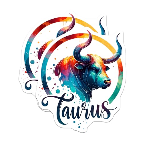 (2 Pack) Taurus Zodiac Stickers - Bull Art Decor - Colorful Star Sign - 5" On Longest Side - Sticks to Smooth Flat Surfaces - Made in USA - BMCS6524