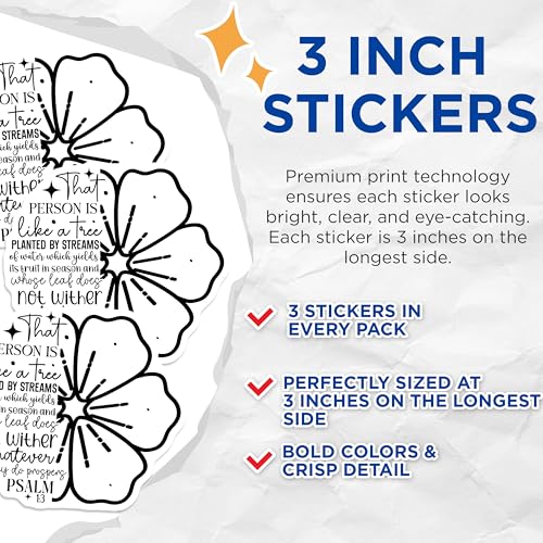 (3 Pack) Christian Verse Decals - Floral Psalm - Religious Decals - 3 Inches On Longest Side - Easy Peel & Apply - Made in USA - 3MCS2624