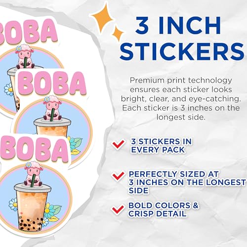 (3 Pack) Boba Sheep Decals - Cute Animal Sticker - Bubble Tea Laptop Decal - 3 Inches On Longest Side - Easy Peel & Apply - Made in USA - 3MCS6509