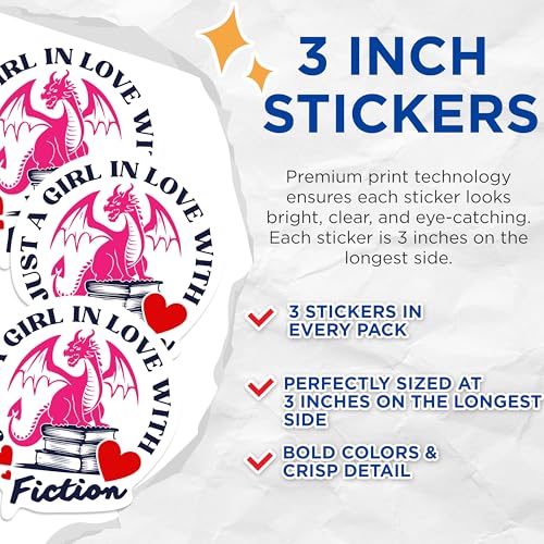 (3 Pack) Dragon Fiction Decals - Girl in Love with Fiction - Book Lover Laptop Decals - 3 Inches On Longest Side - Easy Peel & Apply - Made in USA - 3MCS1170