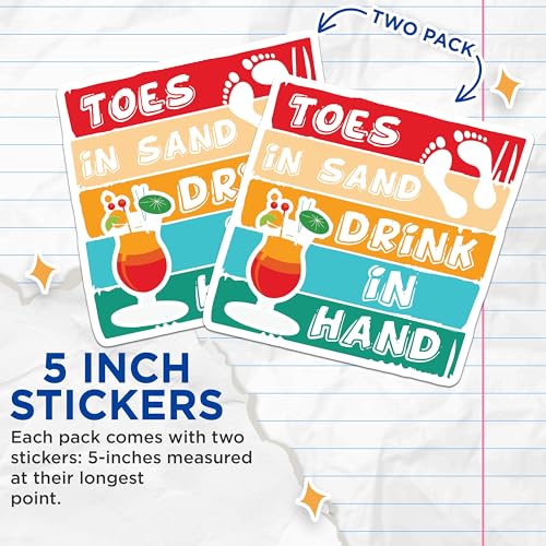 (2 Pack) Toes in Sand Stickers - Drink in Hand Stickers - Summer Vacation Stickers - Beach Vibes Stickers - 5" On Longest Side - Sticks to Smooth Flat Surfaces - Made in USA - BMCS4719