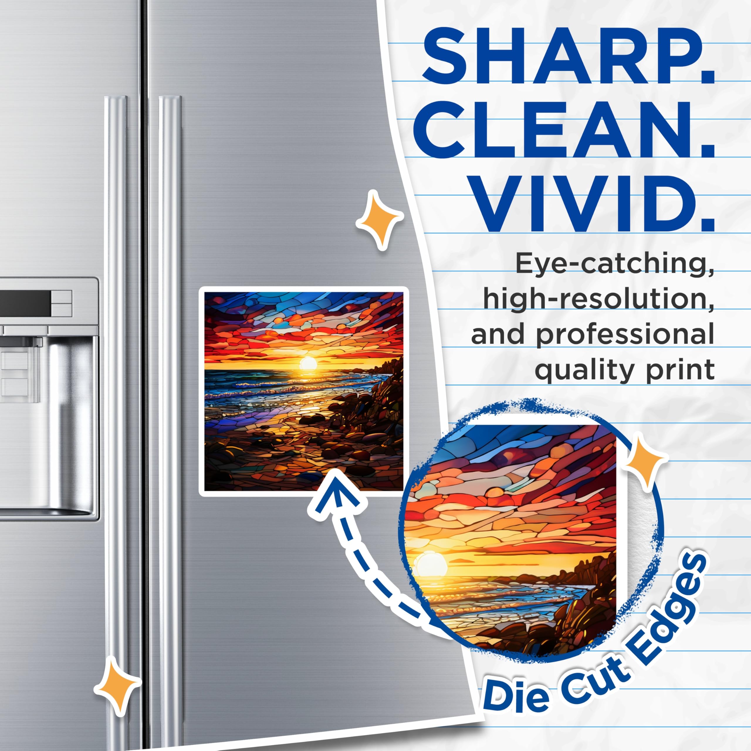 (2 Pack) Stained Glass Sunset Magnets - Vibrant Beach Ocean Waves - Coastal Landscape Art - Abstract Mosaic Decor - 5 Inches On Longest Side - Thick Durable Magnet - Made in USA - MAG24607