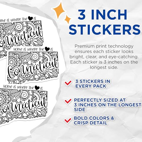 (3 Pack) Connecticut Decals - Home State Decals - Mandala Art Sticker - 3 Inches On Longest Side - Easy Peel & Apply - Made in USA - 3MCS7868