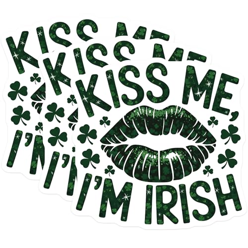 (3 Pack) Kiss Me Im Irish Decals - St Patricks Day Decals - Irish Lips Clover Decal- 3 Inches On Longest Side - Easy Peel & Apply - Made in USA - 3MCS5619