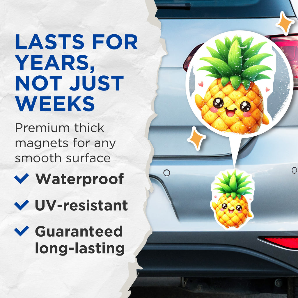 (2 Pack) Kawaii Pineapple Magnets - Cute Tropical Fruit Decor - Happy Kitchen Locker Accessories - 5 Inches On Longest Side - Thick Durable Magnet - Made in USA - MAG36535