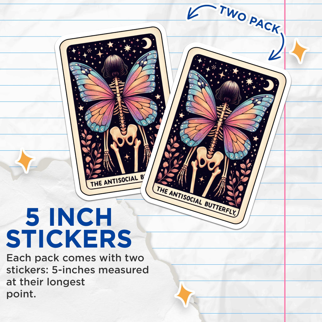 (2 Pack) The Antisocial Butterfly Stickers - Skeleton Butterfly Art Stickers - Unique Gothic Stickers - 5" On Longest Side - Sticks to Smooth Flat Surfaces - Made in USA - BMCS5346