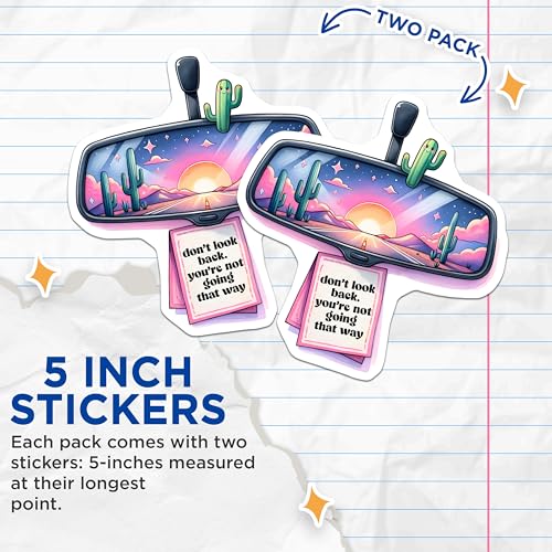 (2 Pack) Retro Sunset Cactus Rearview Mirror Stickers - Motivational Road Trip - Cute Desert Aesthetic - 5" On Longest Side - Sticks to Smooth Flat Surfaces - Made in USA - BMCS7498