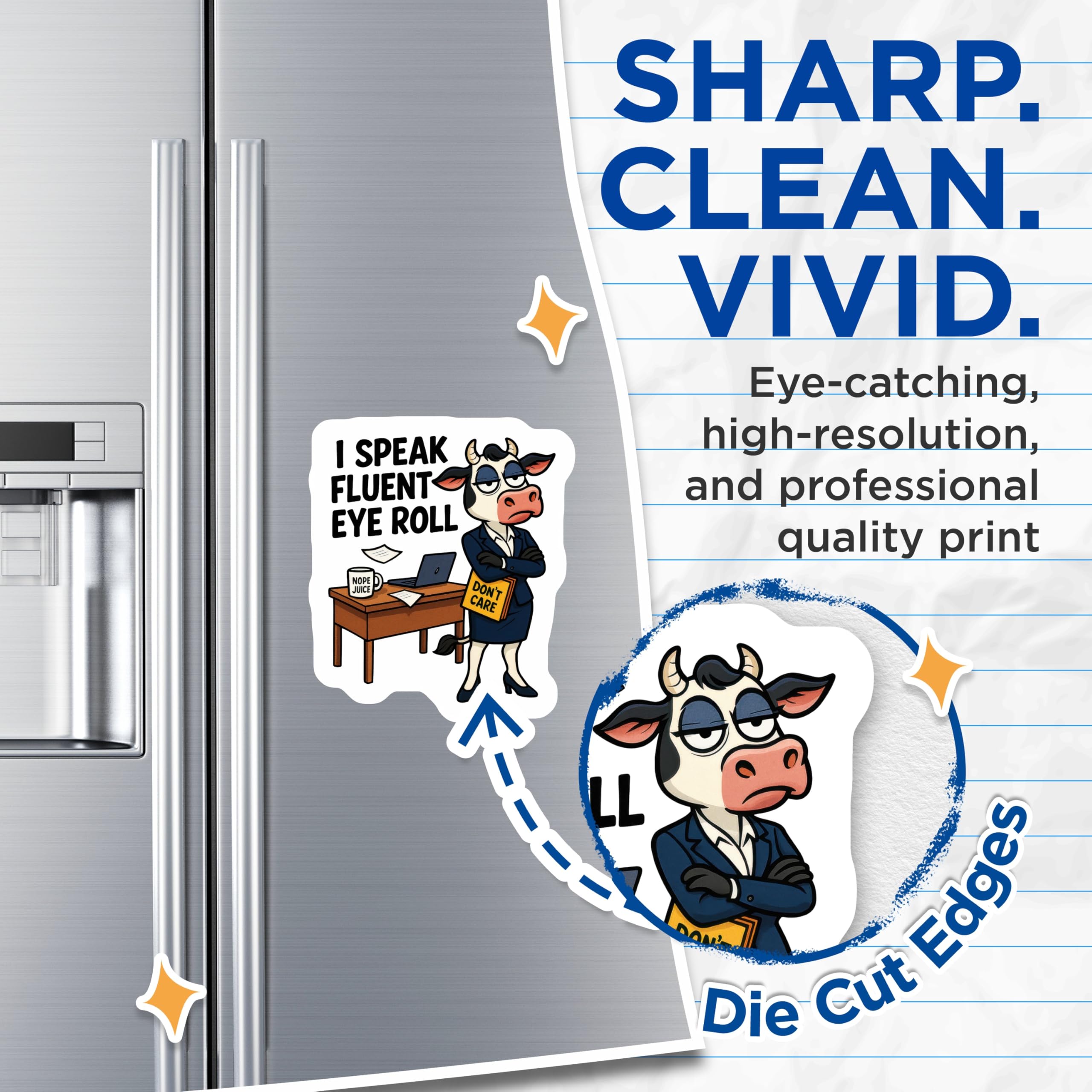 (2 Pack) Fluent Eye Roll Cow Magnets - Sarcastic Office Humor - Funny Animal Refrigerator Decor - Business Cow Desk Accessory - 5 Inches On Longest Side - Thick Durable Magnet - Made in USA - MAG22949