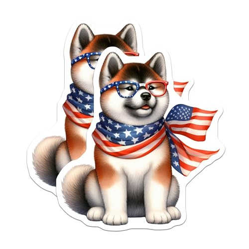 (2 Pack) Patriotic Dog Stickers - Cute American Flag Dog - Shiba Inu with Glasses Sticker - 5" On Longest Side - Sticks to Smooth Flat Surfaces - Made in USA - BMCS7154