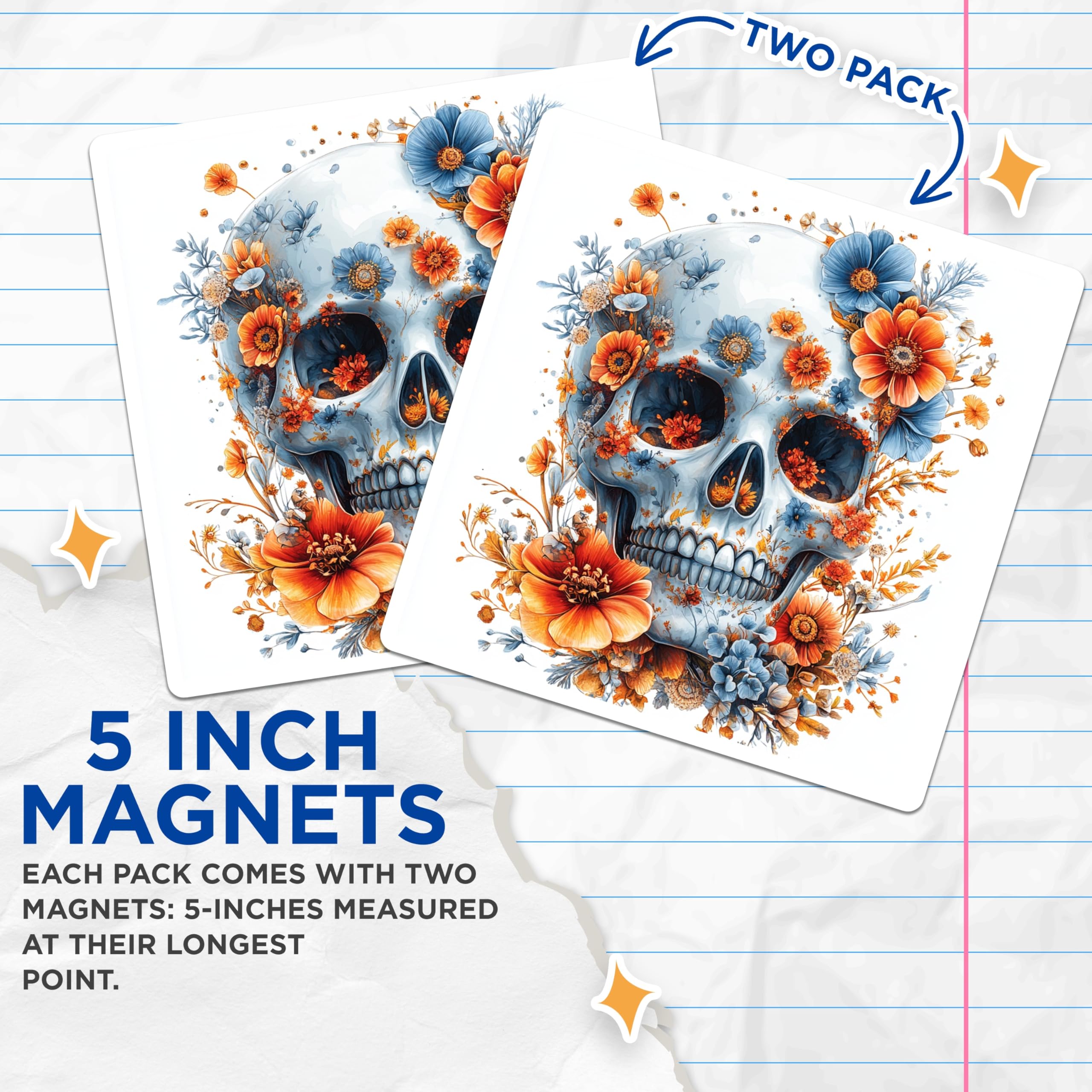 (2 Pack) Floral Skull Magnets - Sugar Skull Art Decor - Boho Halloween Kitchen Refrigerator Magnets - 5 Inches On Longest Side - Thick Durable Magnet - Made in USA - MAG29011