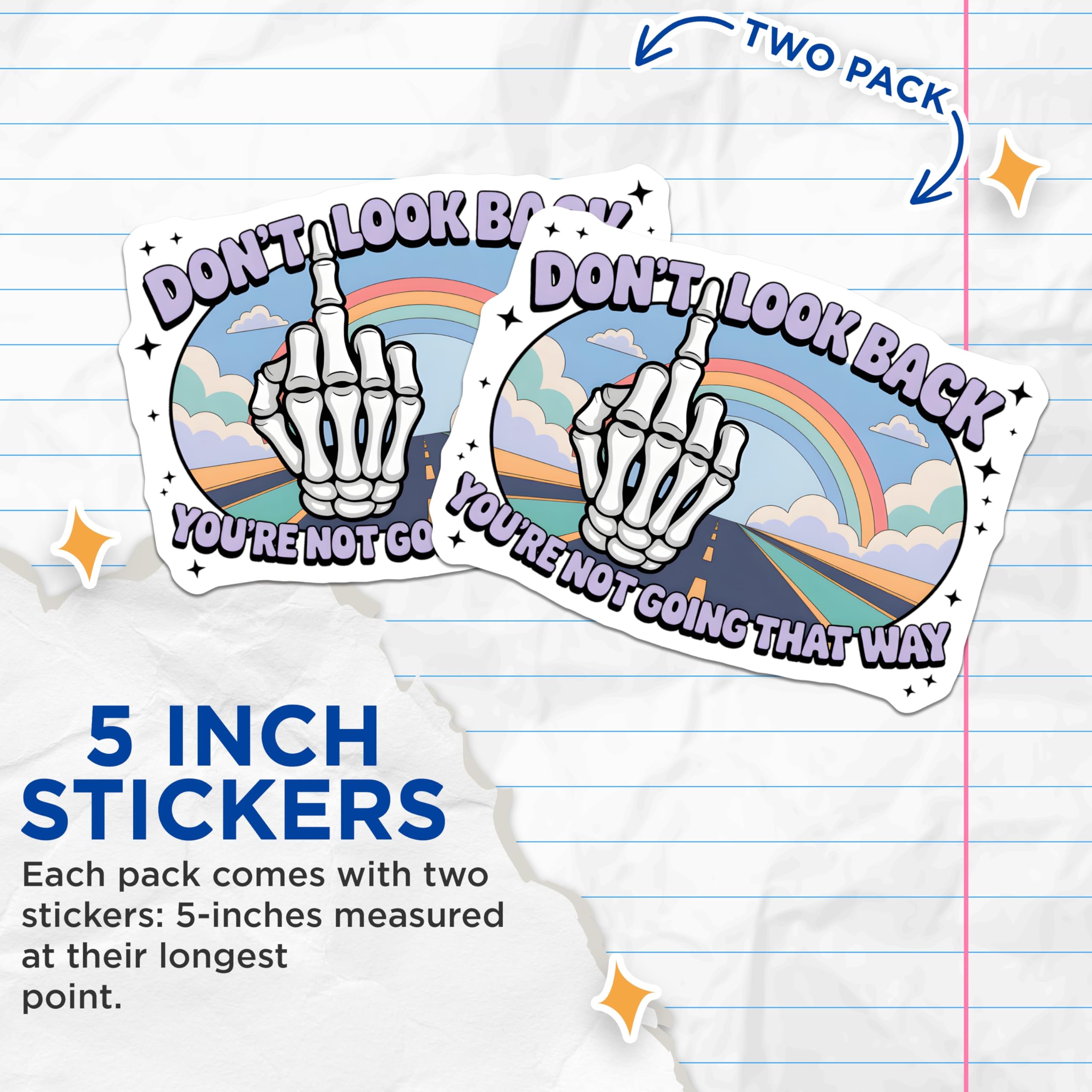 (2 Pack) Skeleton Middle Finger Stickers - Don't Look Back Quote - Retro Rainbow Road Art - Sarcastic Edgy Decals - 5" On Longest Side - Sticks to Smooth Flat Surfaces - Made in USA - BMCS20681