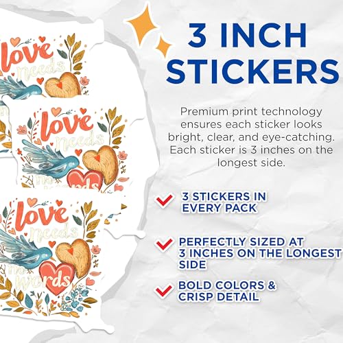 (3 Pack) Love Needs No Words Decals - Bird and Hearts - Inspirational Stickers - 3 Inches On Longest Side - Easy Peel & Apply - Made in USA - 3MCS2287