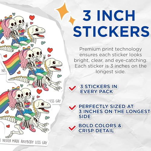 (3 Pack) Pride Skeleton Decals - Dinosaur Skeleton - Funny LGBTQ Decal- 3 Inches On Longest Side - Easy Peel & Apply - Made in USA - 3MCS5867