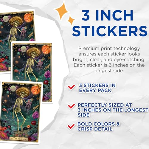 (3 Pack) Tarot Card Decals - The Misstep - Skeleton Jellyfish Planets Sticker - 3 Inches On Longest Side - Easy Peel & Apply - Made in USA - 3MCS0015