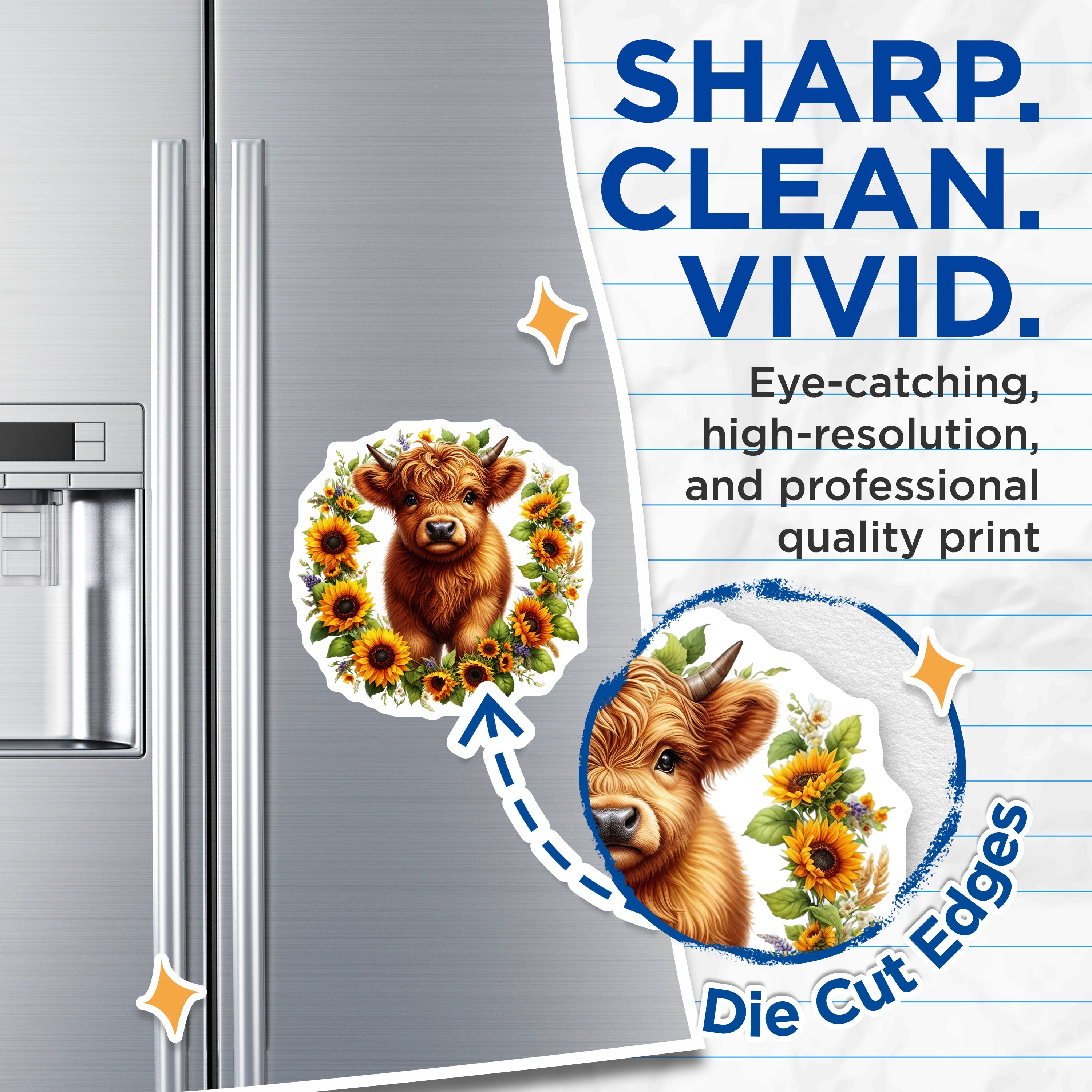 (2 Pack) Cute Highland Cow Magnets - Sunflower Farmhouse Decor - Adorable Animal Kitchen Art Refrigerator - 5 Inches On Longest Side - Thick Durable Magnet - Made in USA - MAG38876