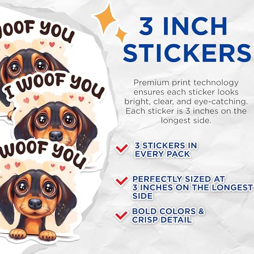 (3 Pack) Woof You Decals - Puppy Love Sticker - Cute Dog Laptop Decal - 3 Inches On Longest Side - Easy Peel & Apply - Made in USA - 3MCS1219