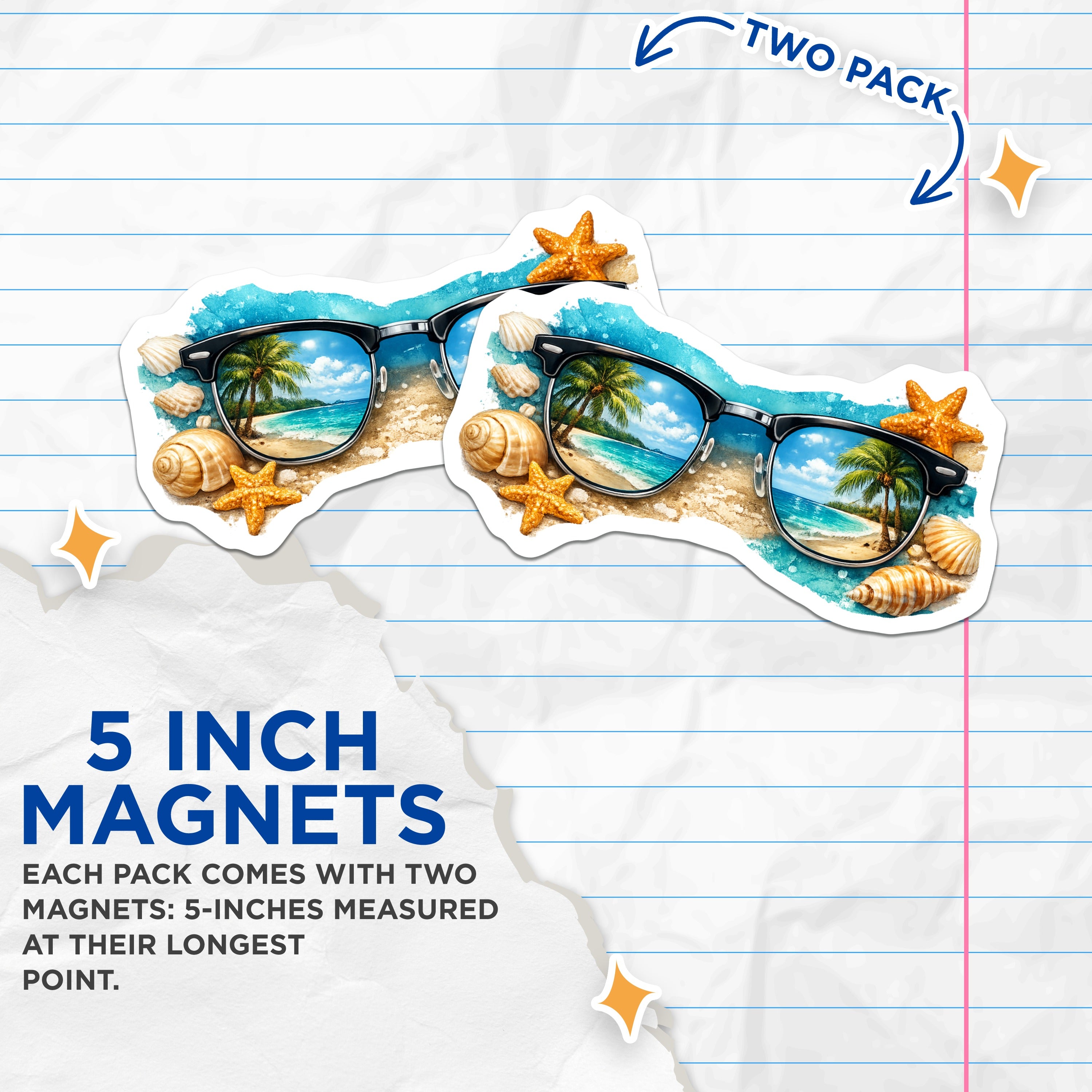 (2 Pack) Beach Vacation Magnets - Tropical Sunglasses - Ocean Reflection Decor - Summer Getaway Item - 5 Inches On Longest Side - Thick Durable Magnet - Made in USA - MAG37817