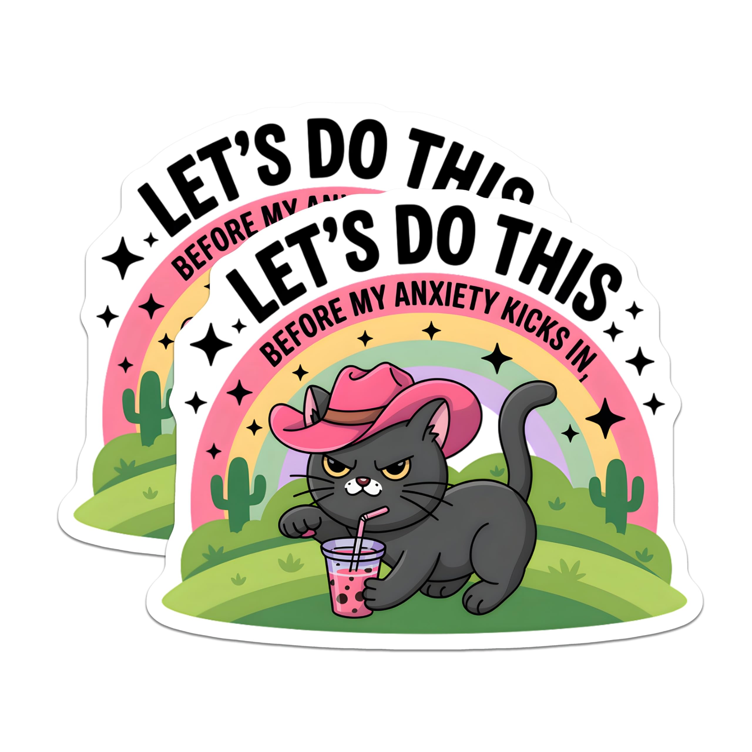 (2 Pack) Anxious Cat Magnets - Grumpy Kitty Boba Tea Decor - Funny Mental Health Meme - Cowboy Hat Animal Art - 5 Inches On Longest Side - Thick Durable Magnet - Made in USA - MAG21867