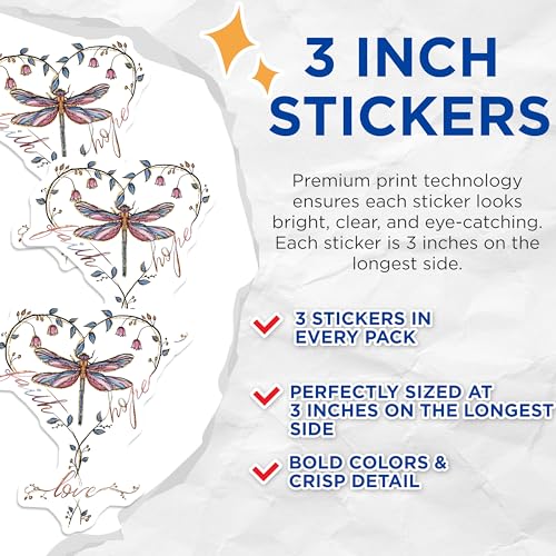 (3 Pack) Dragonfly Decals - Love Hope Decal - Floral Vine Decals - 3 Inches On Longest Side - Easy Peel & Apply - Made in USA - 3MCS2964