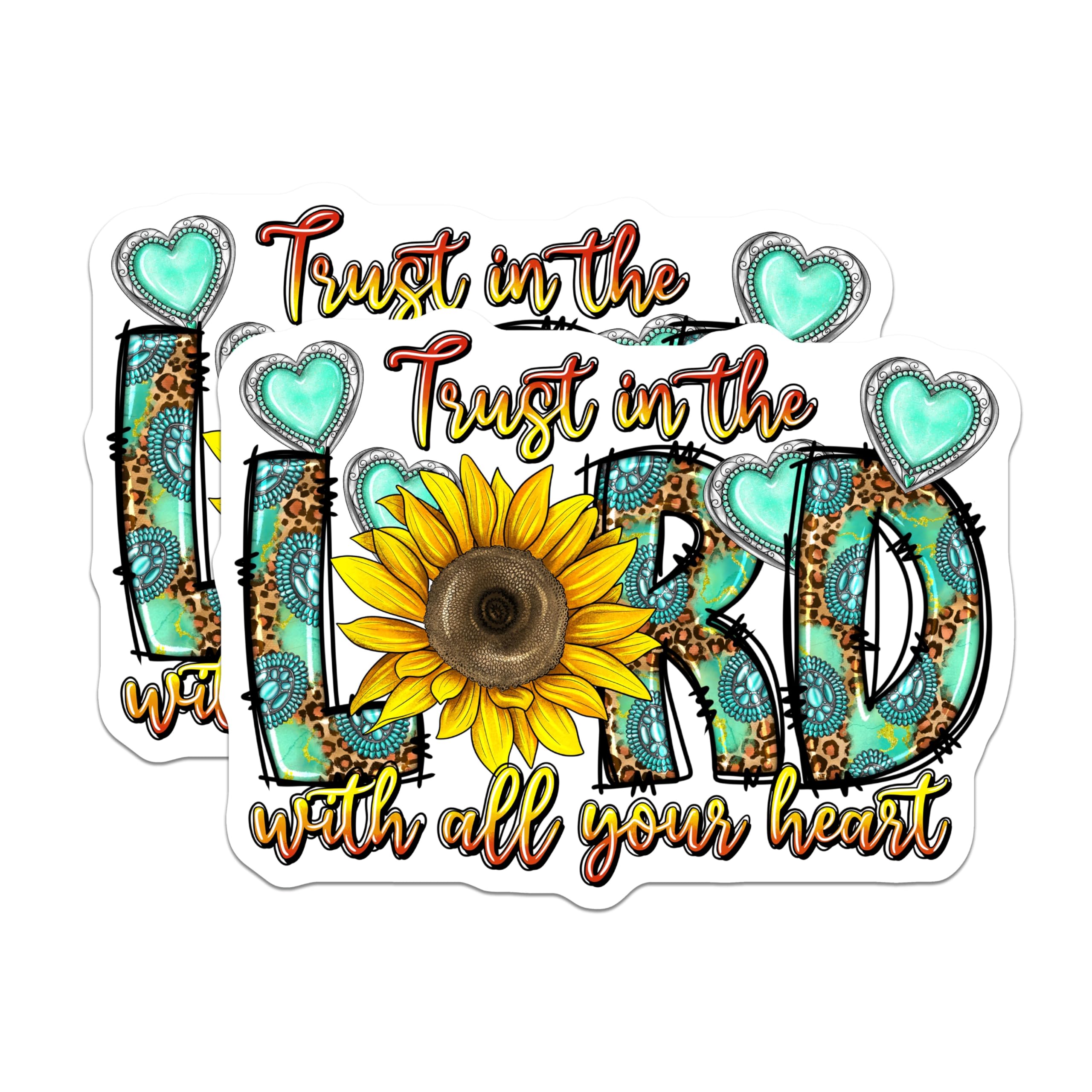 (2 Pack) Christian Faith Magnets - Trust in The Lord Scripture Sunflower Turquoise Leopard Print - 5 Inches On Longest Side - Thick Durable Magnet - Made in USA - MAG28150