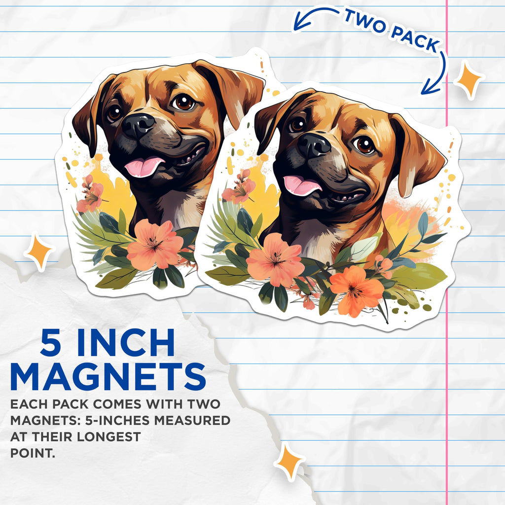 (2 Pack) Floral Dog Magnets - Pet Owner Decor - Happy Puppy Art Fridge Locker - 5 Inches On Longest Side - Thick Durable Magnet - Made in USA - MAG29058