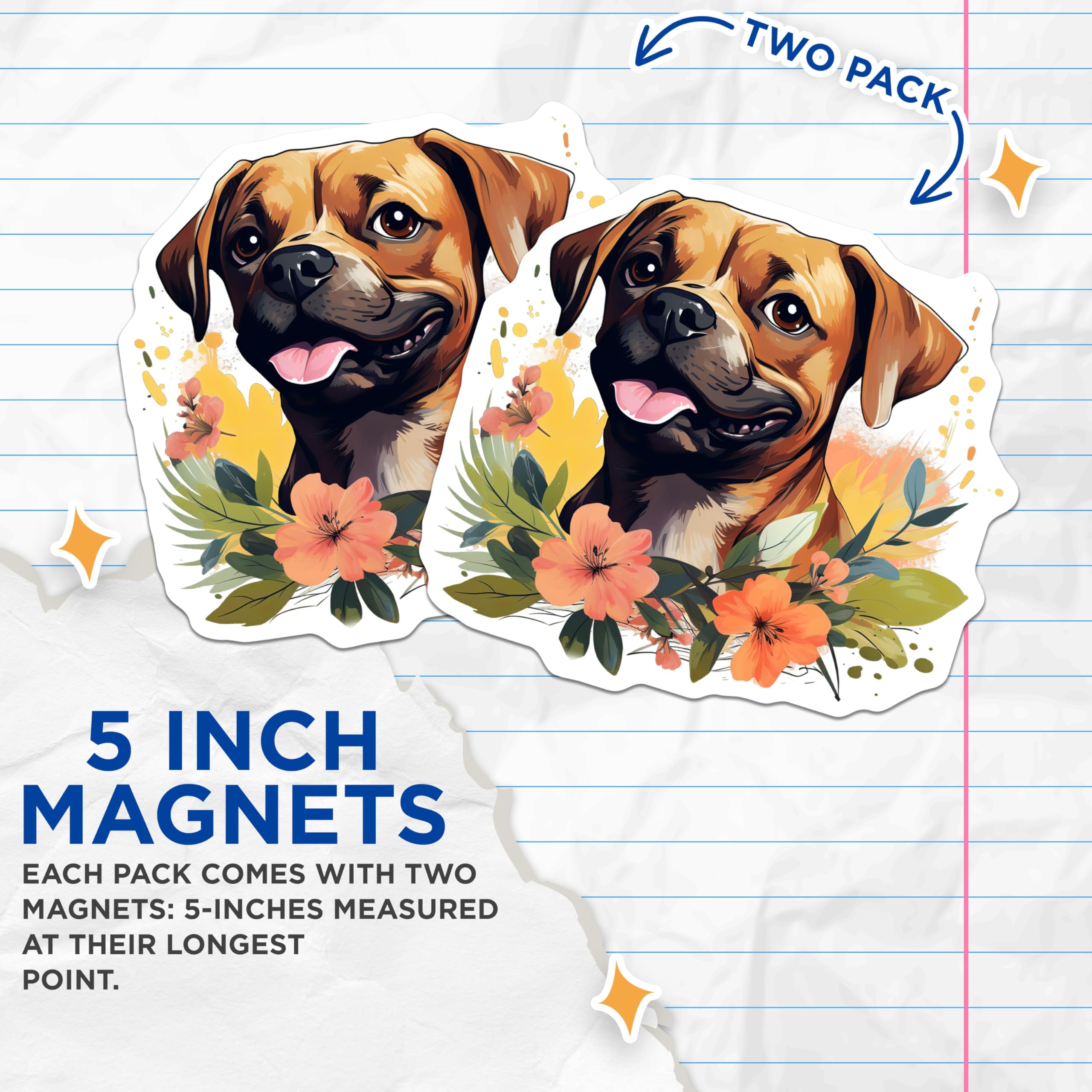 (2 Pack) Floral Dog Magnets - Pet Owner Decor - Happy Puppy Art Fridge Locker - 5 Inches On Longest Side - Thick Durable Magnet - Made in USA - MAG29058