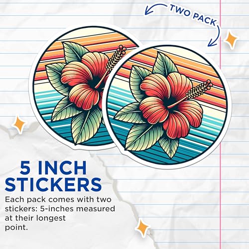 (2 Pack) Tropical Flower Stickers - Beach Vibes - Colorful Floral Decal - 5" On Longest Side - Sticks to Smooth Flat Surfaces - Made in USA - BMCS8773 - Retro Aesthetic
