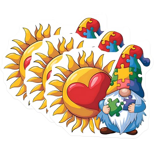 (3 Pack) Autism Awareness Decals - Puzzle Gnome Sun Heart - Support Autism Decals - 3 Inches On Longest Side - Easy Peel & Apply - Made in USA - 3MCS8607