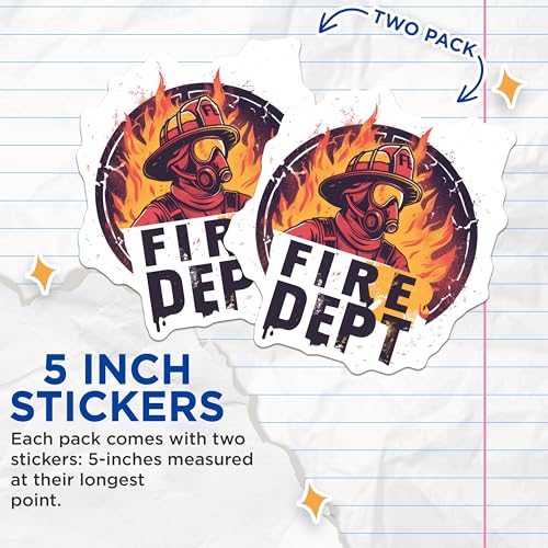 (2 Pack) Fire Department Stickers - Firefighter Helmet Decal - Flame Fireman Sticker - 5" On Longest Side - Sticks to Smooth Flat Surfaces - Made in USA - BMCS6852