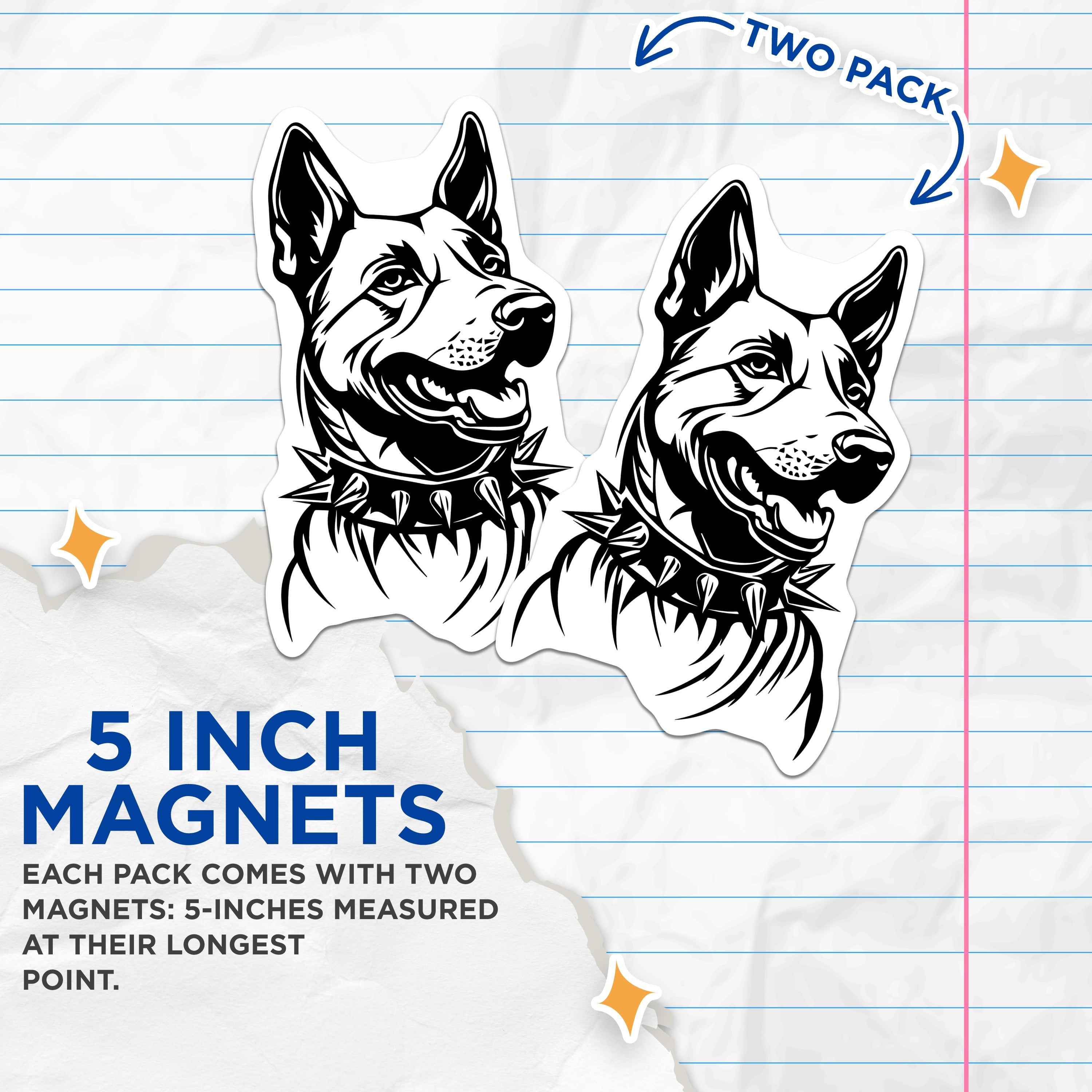 (2 Pack) German Shepherd Magnets - K9 Dog Lover Decor - Spiked Collar Strong Dog Art - Pet Owner Fridge Magnets - 5 Inches On Longest Side - Thick Durable Magnet - Made in USA - MAG36174