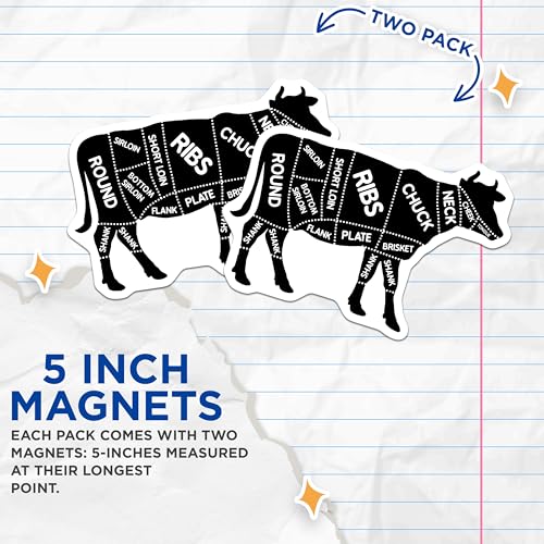 (2 Pack) Cow Butchery Guide Magnets Magnets - Kitchen Decor - Cooking Reference - 5" On Longest Side - Made in USA - Sticks to Refrigerators & Metal Surfaces - MAG9219