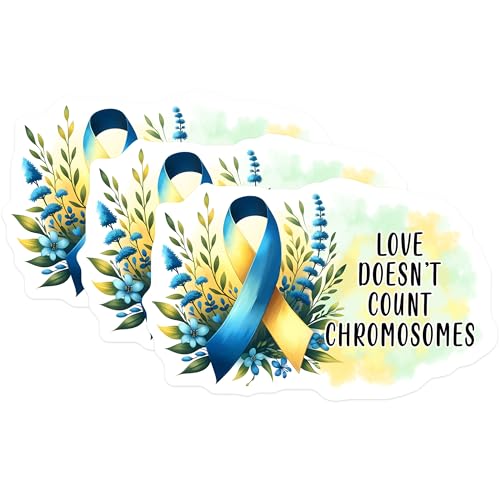 (3 Pack) Down Syndrome Awareness Decals - Love Doesn't Count Chromosomes - Ribbon and Floral Laptop Decal - 3 Inches On Longest Side - Easy Peel & Apply - Made in USA - 3MCS6964