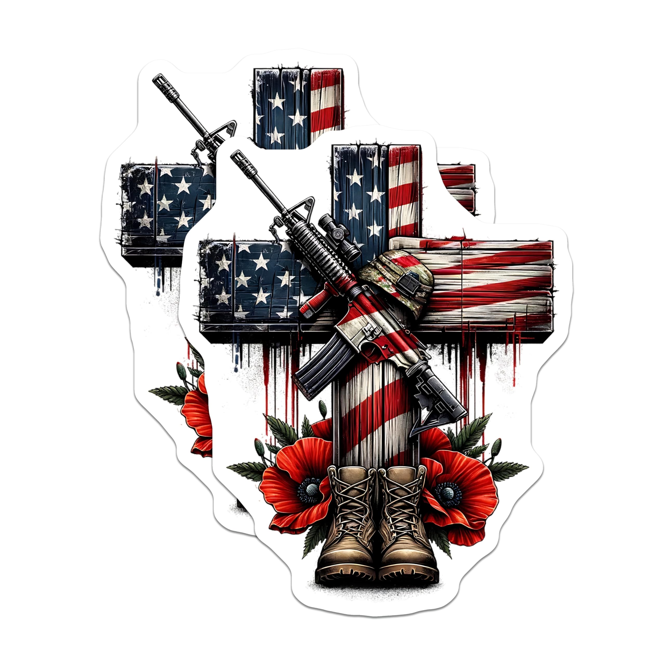 (2 Pack) American Flag Cross Magnets - Rifle Poppy Boots - Patriotic Decor Magnets - 5" On Longest Side - Premium Magnet - for Cars, Refrigerators, Toolboxes, Lockers - Made in USA - MAG15255