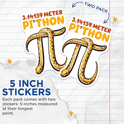 (2 Pack) Python Pi Stickers - Mathematics Snake Decal - Geeky Science - 5" On Longest Side - Sticks to Smooth Flat Surfaces - Made in USA - BMCS8156