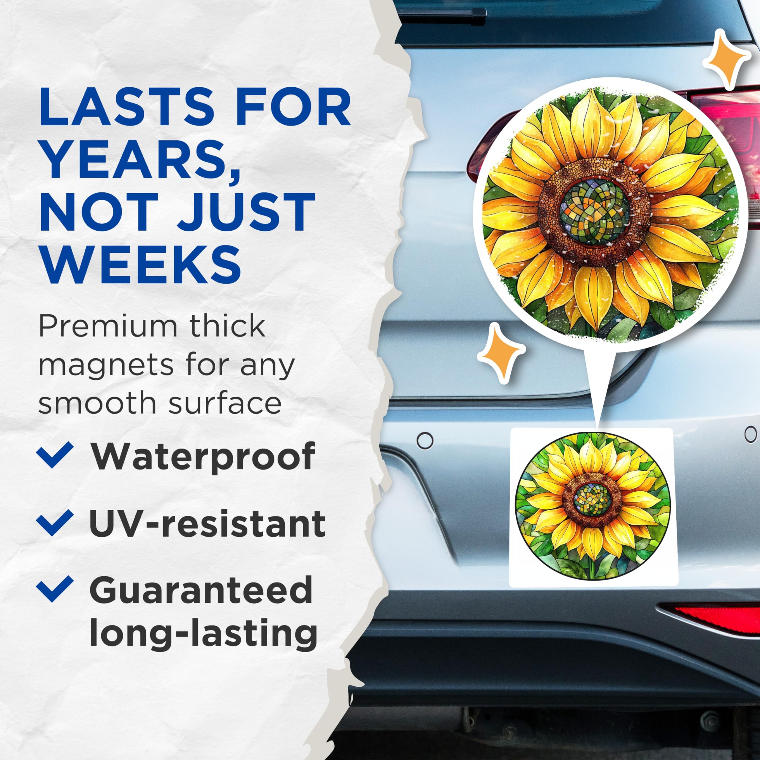 (2 Pack) Stained Glass Sunflower Magnets - Vibrant Botanical Decor - Artistic Refrigerator Art - 5 Inches On Longest Side - Thick Durable Magnet - Made in USA - MAG30875
