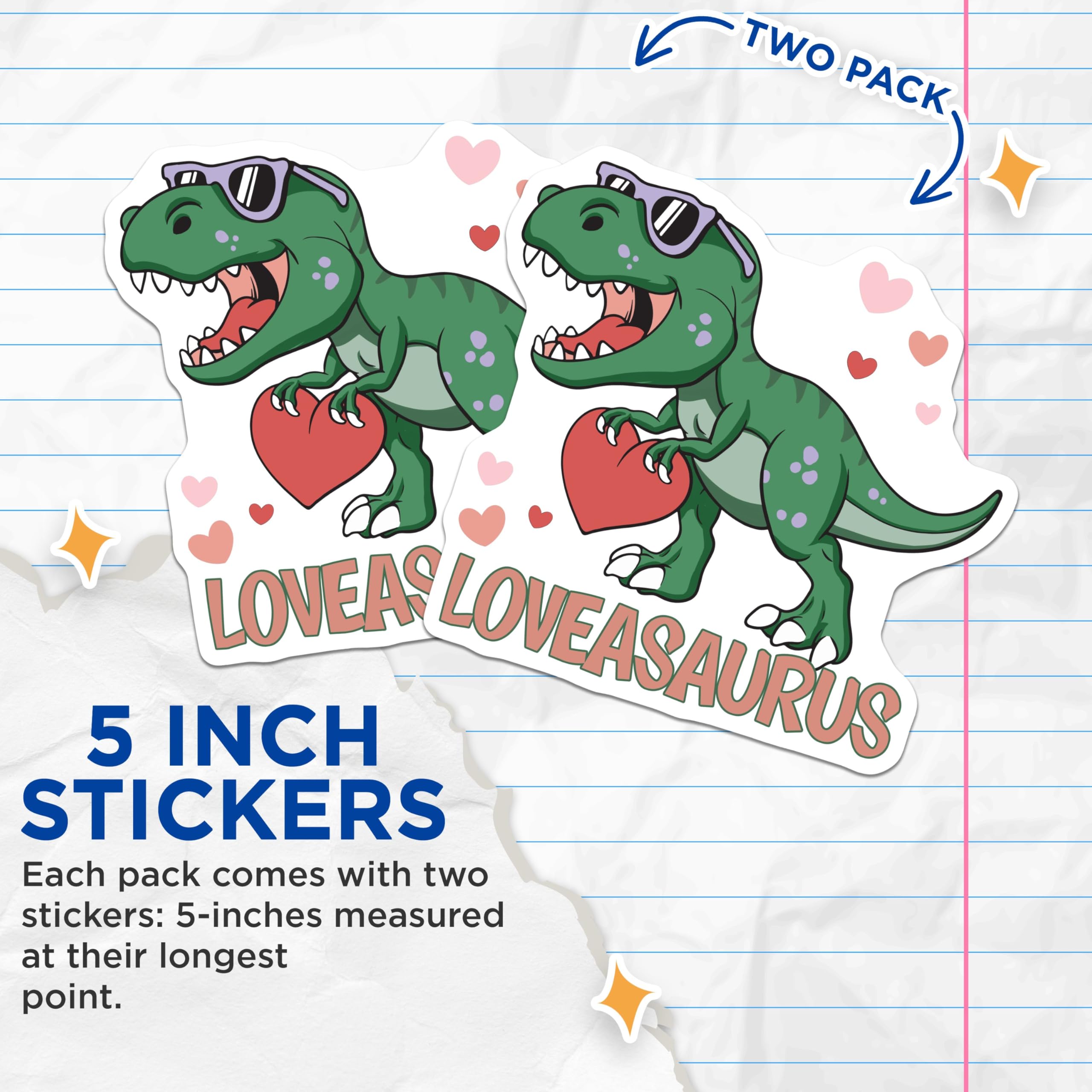 (2 Pack) Loveasaurus Stickers - Dinosaur Heart Stickers - Cute Valentine's Day Stickers - 5" On Longest Side - Sticks to Any Smooth Flat Surface - Made in USA - BMCS3525