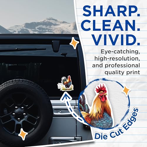 (2 Pack) Funny Rooster Stickers - Farm Animal Humor Stickers - Chicken Lover Sticker - 5" On Longest Side - Sticks to Any Smooth Flat Surface - Made in USA - BMCS2602
