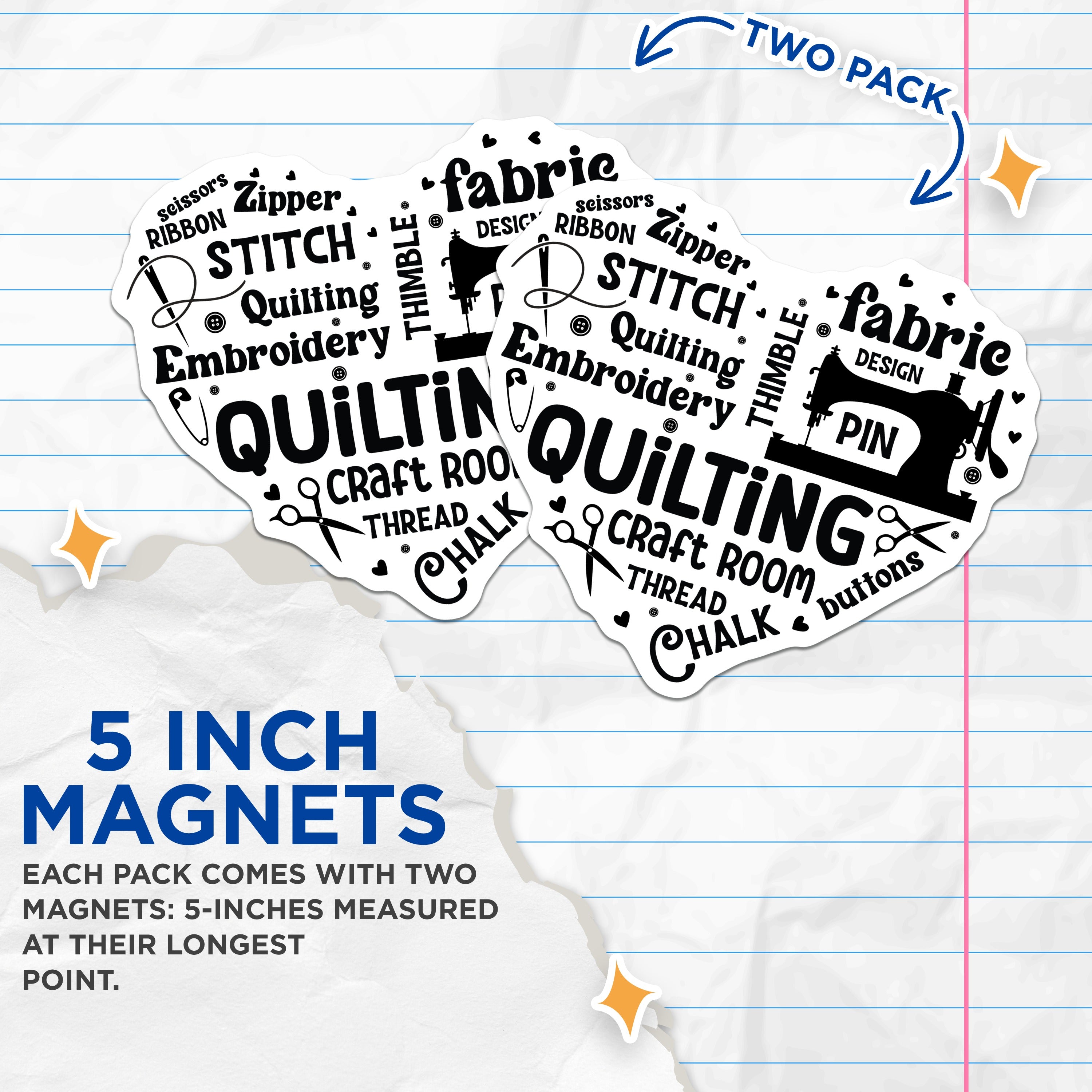 (2 Pack) Quilting Magnets - Sewing Enthusiast Decor - Craft Room Organization - 5 Inches On Longest Side - Thick Durable Magnet - Made in USA - MAG36956