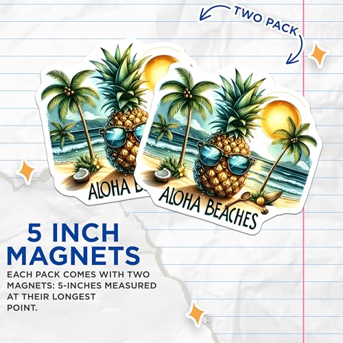 (2 Pack) Pineapple Beach Magnets Magnets - Tropical Summer Decor - Aloha Beaches Kitchen Accessories - 5" On Longest Side - Made in USA - Sticks to Refrigerators & Metal Surfaces - MAG9274