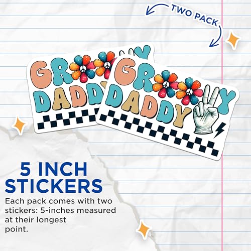 (2 Pack) Groovy Daddy Stickers - Retro Flower Power - Peace Sign Hand Art - 5" On Longest Side - Sticks to Smooth Flat Surfaces - Made in USA - BMCS7490