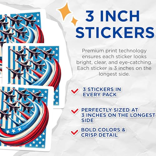(3 Pack) Jet Plane Decals - Patriotic Decal - Military Decal - 3 Inches On Longest Side - Easy Peel & Apply - Made in USA - 3MCS4479