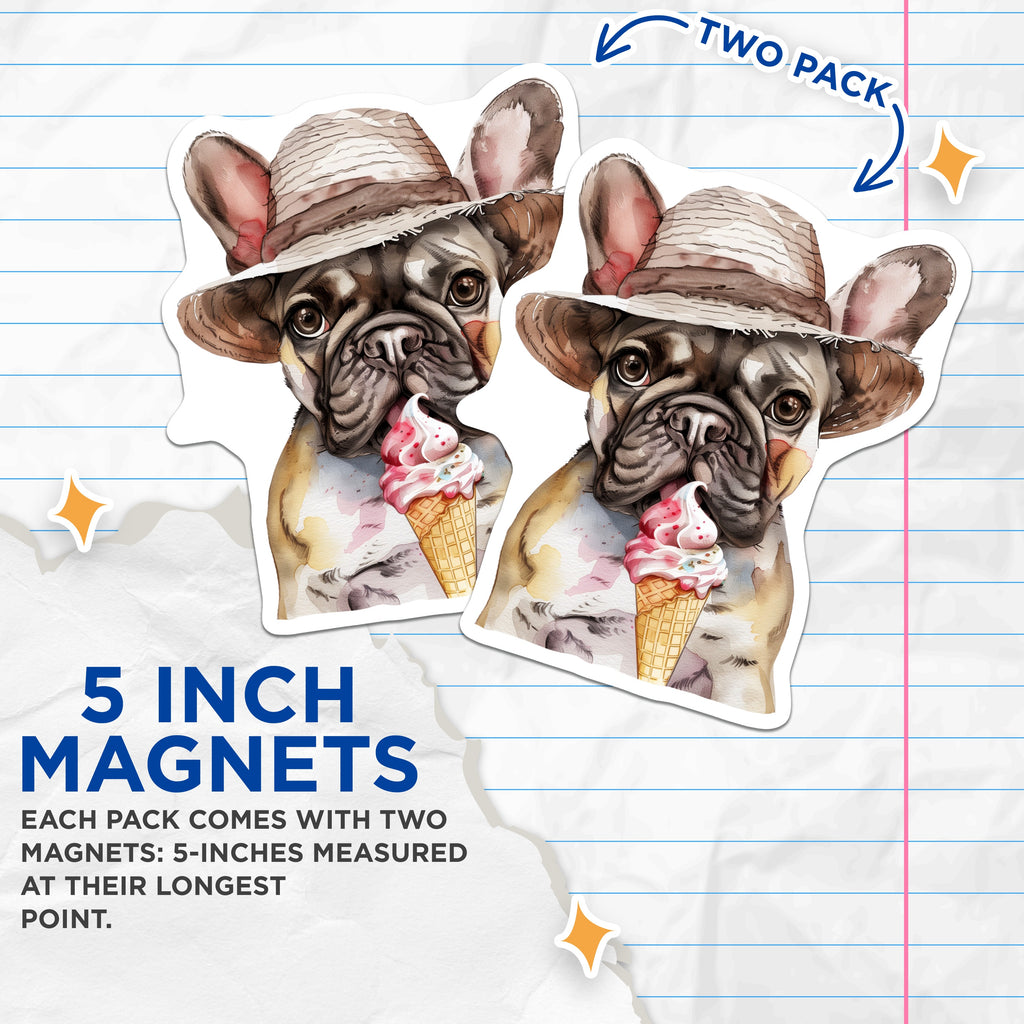 (2 Pack) French Bulldog Magnets - Summer Ice Cream Dog - Cute Pet Lover Kitchen Decor - 5 Inches On Longest Side - Thick Durable Magnet - Made in USA - MAG39395