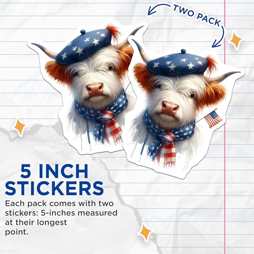 (2 Pack) Patriotic Highland Cow Stickers - American Flag Hat Stickers - Cow with Stars and Stripes - 5" On Longest Side - Sticks to Smooth Flat Surfaces - Made in USA - BMCS6343