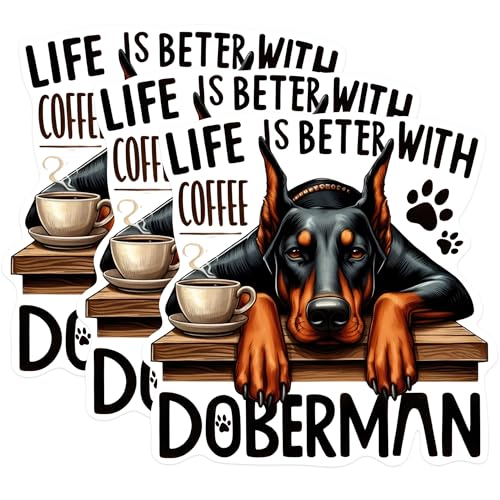 (3 Pack) Doberman Coffee Decals - Dog Lover - Laptop Decal - 3 Inches On Longest Side - Easy Peel & Apply - Made in USA - 3MCS0878