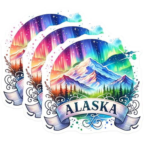 (3 Pack) Alaska Decals - Northern Lights Stickers - Laptop Water Bottle Decals- 3 Inches On Longest Side - Easy Peel & Apply - Made in USA - 3MCS5544