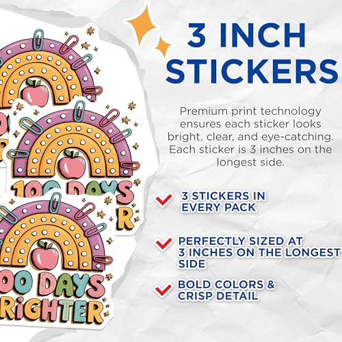 (3 Pack) 100 Days Brighter Decals - Teacher Decals - School Decal - 3 Inches On Longest Side - Easy Peel & Apply - Made in USA - 3MCS1844