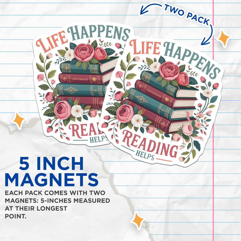(2 Pack) Book Lover Magnets - Reading Helps - Floral Book Stack Decorative Fridge - 5" On Longest Side - Sticks to Smooth Flat Surfaces - Made in USA - MAG11110