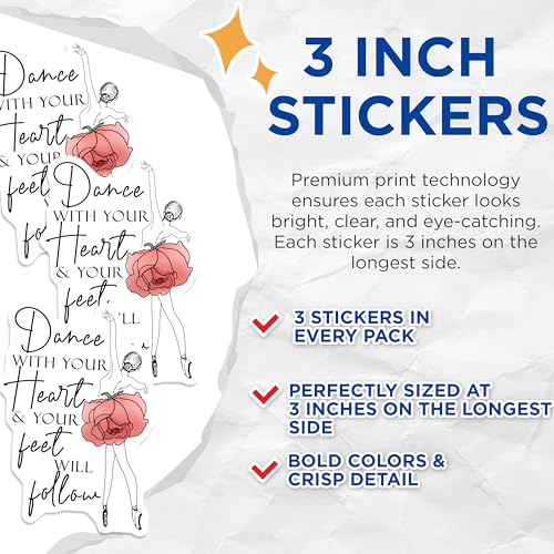(3 Pack) Ballet Dancer Decals - Dance with Heart Quote - Ballerina Laptop Decal - 3 Inches On Longest Side - Easy Peel & Apply - Made in USA - 3MCS2975