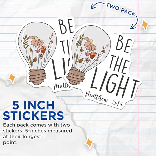 (2 Pack) Be The Light Matthew 5:14 Stickers - Inspirational Bible Verse Stickers - Christian Faith Stickers - 5" On Longest Side - Sticks to Smooth Flat Surfaces - Made in USA - BMCS7051